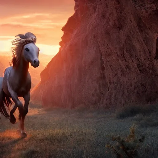 Prompt: spirit, the wild horse from the spirit movie, with the young girl lucky on his back galloping next to a canyon into the sunset, movie poster, intricate detail, 8 k, trending on artstation, octane render