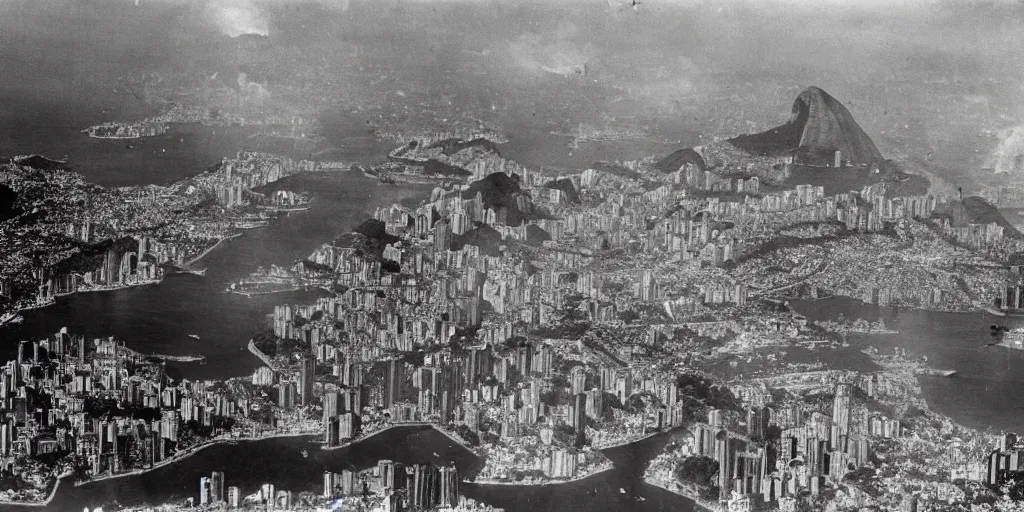 Prompt: the bombing of rio de janeiro ( 1 9 3 0 ), historical photograph, highly detailed, 4 k, real, aerial bombing