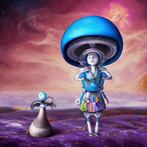 Prompt: On the morning of the robot queen's coronation, The Mekanik Doll, an elderly mushroom walking their pet snail, Mount Fuji seen from the International Space Station, the theme of Alice in Wonderland, digital painting, its softness partakes of fluidity, illustration, deep dark, artstation, intricate, beautiful and thematically complex, ue5, by deiv calviz and bossmonsterbani