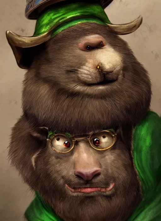 Prompt: antropomorphic rat with beard and human eyes, wearing jewelry, tricorne hat, green robe, d & d, digital art, detailed face, highly detailed, trending on artstation, 4 k, sea in the background
