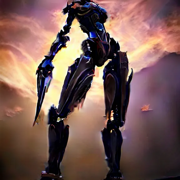 Image similar to looking up at a highly detailed 300 foot tall giant elegant exquisite beautiful stunning valkyr female warframe, as an anthropomorphic robot dragon, posing elegantly over your tiny form, detailed legs looming over you, camera on the ground, at the beach on a sunset, sleek streamlined design, streamlined matte black armor, sharp detailed claws, detailed sharp robot dragon feet, worms eye view, giantess shot, upward shot, ground view shot, leg shot, front shot, epic cinematic shot, high quality warframe fanart, captura, realistic, professional digital art, high end digital art, furry art, giantess art, anthro art, DeviantArt, artstation, Furaffinity, 8k HD render, epic lighting