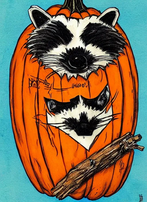 Image similar to halloween pumpkin in the shape of a raccoon by Rebecca Guay art, high quality, highly detailed,