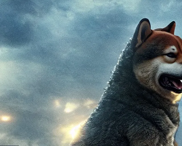 Image similar to godzilla as a shiba inu in a Godzilla: King of the Monsters still film directed by Christopher Nolan, shooting beams from its mouth and toppling over cities, epic action scene