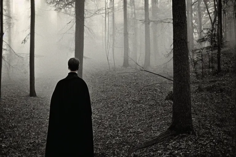 Image similar to vintage kodak film photography from 7 0 s with pro mist filter, close - up man in black robe portrait, forest, in style of joel meyerowitz