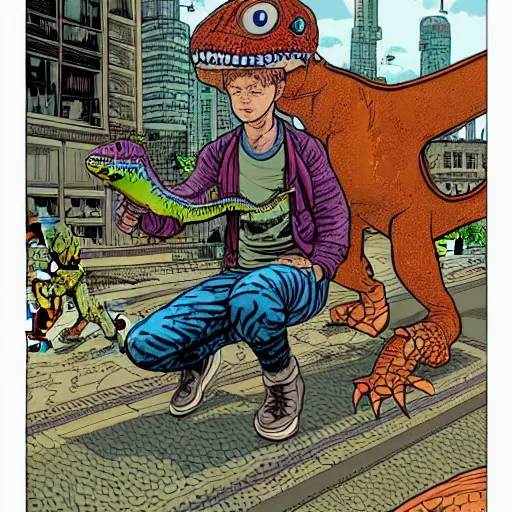 Image similar to intricate detailed color illustration of a cyberpunk street kid with a pet dinosaur, in the style of Geof Darrow