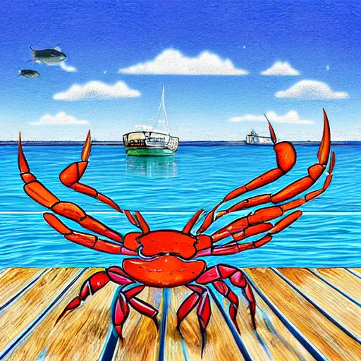 Prompt: realistic crab boil on wooden deck, digital art, fishing boats in background, blue sky