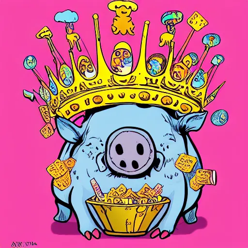 Image similar to trippy comic art of a pig wearing a gold crown eating snacks, drawn by Martin Rowson, Tim Burton, Studio Ghibli, Alex Pardee, Nekro Petros Afshar, James McDermott, colors by lisa frank, unstirred paint, vivid color, cgsociety 4K