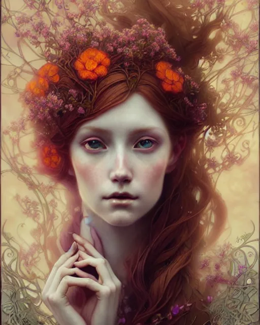 Prompt: Beautiful and playful ethereal ginger portrait, art nouveau, fantasy, intricate flower designs, elegant, highly detailed, sharp focus, art by Carne Griffith, Artgerm and Greg Rutkowski and WLOP