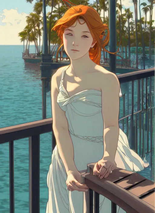 Prompt: pretty young woman leaning against the railing at the beach, path traced, highly detailed, high quality, digital painting, by studio ghibli and alphonse mucha, leesha hannigan, makoto shinkai, disney