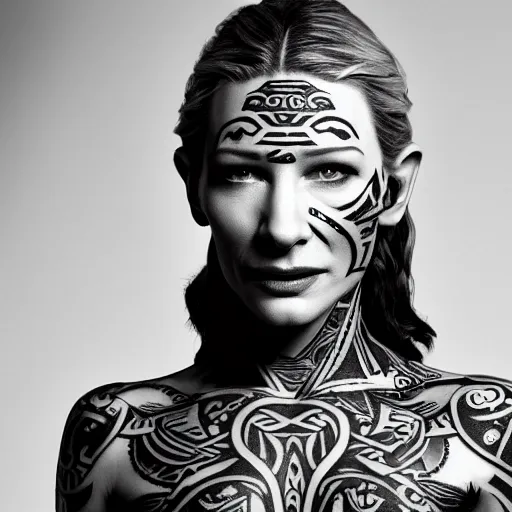 Image similar to high resolution image of cate blanchett with full body maori tattoos , highly detailed, photorealistic, 4k