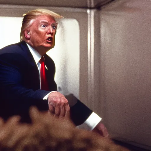 Prompt: donald trump on his knees with his head inside of an oven, still, 8k, ultra real, from the movie american psycho