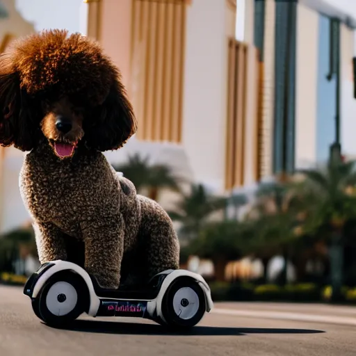 Image similar to fluffy poodle traveling on a hoverboard in las vegas, [ 4 k photorealism ]!!, trending on unsplash