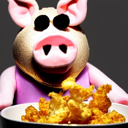 Image similar to studio photograph of a pig wearing a gold crown depicted as a muppet eating pork rinds surrounded by pickles
