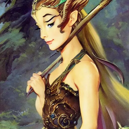 Prompt: elven princess character portrait by frank frazetta - wearing a dress, holding a staff, fantasy, dungeons & dragons, sharp focus, beautiful, artstation contest winner, detailed