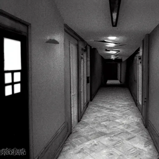 Image similar to creepy backrooms, abomination from hell in the hall, horror image, cctv footage, black and white, grayscale