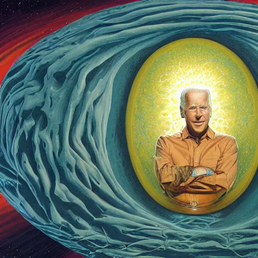 Image similar to portrait of immense, majestic, surreal, terrifying joe biden emerging from the cosmic egg, perfectly clear face, by j. c. leyendecker, alex grey, anato finnstark, bosch, and beksinski