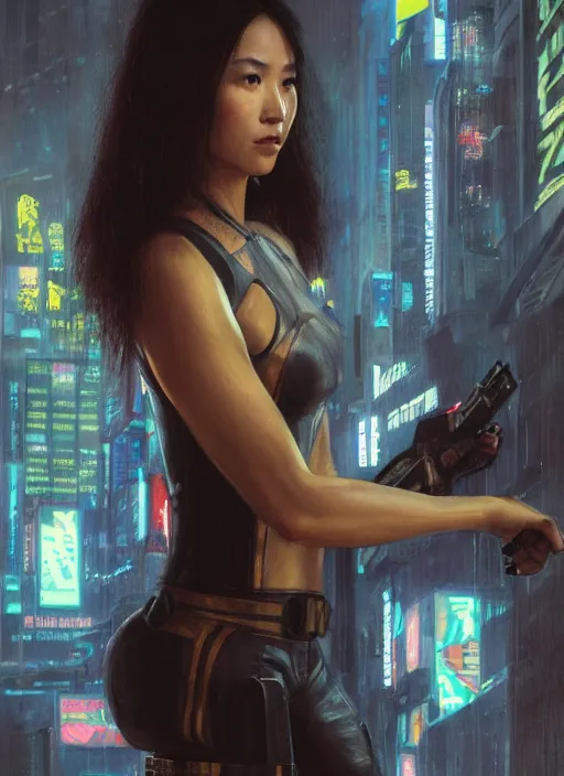 Prompt: Nikki Tanaka. Cyberpunk hitwoman in futuristic clothes (blade runner 2049, cyberpunk 2077). Orientalist portrait by john william waterhouse and James Gurney and Theodore Ralli and Nasreddine Dinet, oil on canvas. Cinematic, hyper realism, realistic proportions, dramatic lighting, high detail 4k