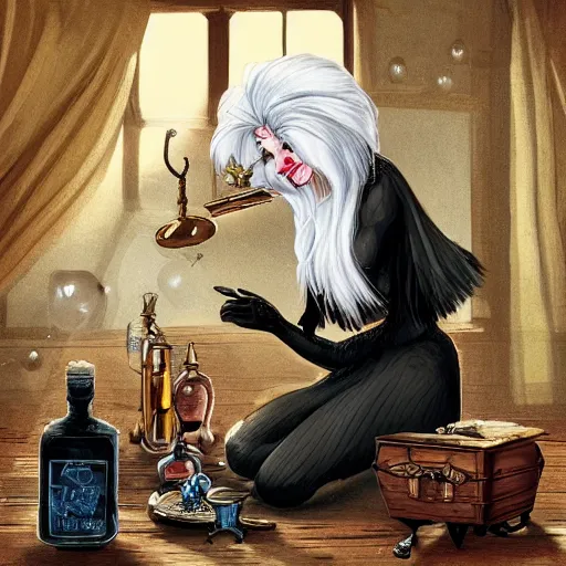 Image similar to a full body beautifull witch with white hair in an old room. A cristal ball on a wood table with a potions and old instruments. A cat on the floor licking his paw. in a fantasy style paiting