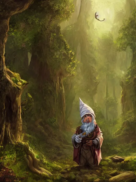 Prompt: an alchemist gnome, healer, dnd, forest background, matte painting, midjourney