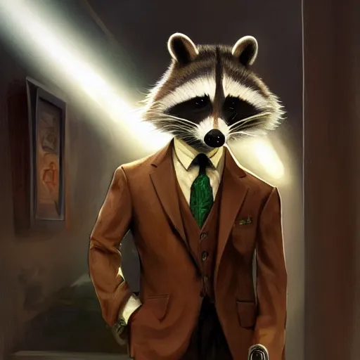 Image similar to a racoon wearing a suit smoking a cigar, dramatic lighting, cinematic, establishing shot, extremly high detail, photorealistic, cinematic lighting, artstation, style by James Gurney