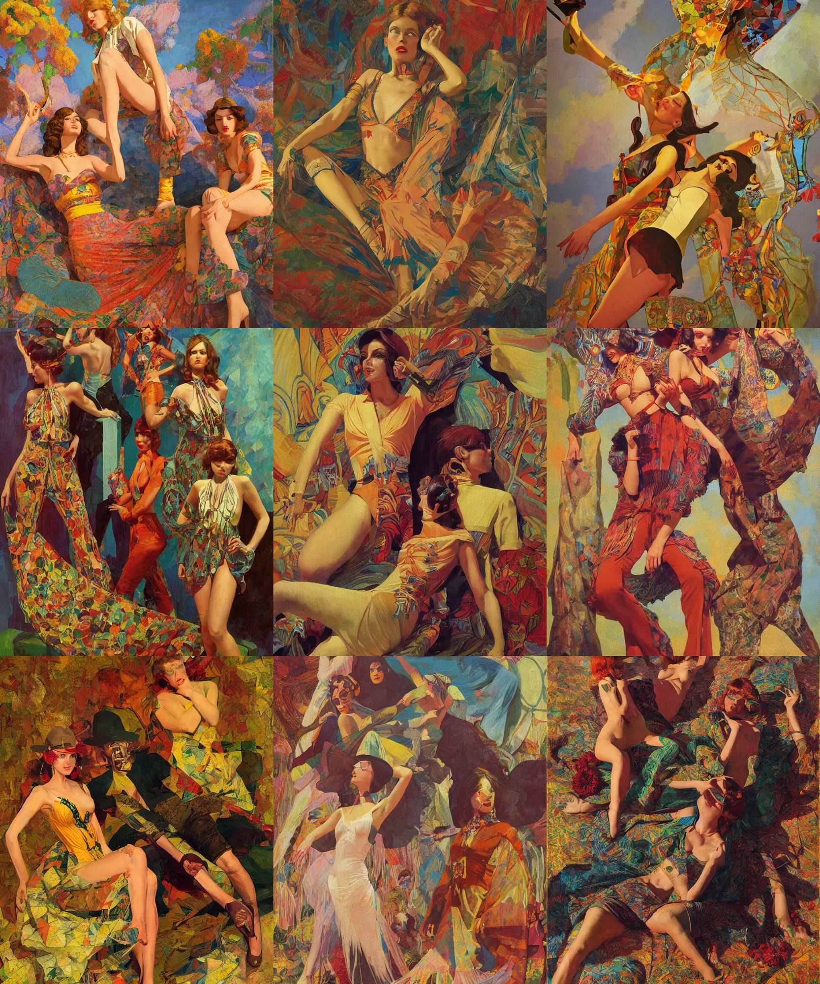 Image similar to pulp art, 1970s hippie cloth style, artwork by Joseph Leyendecker and Hugh Ferriss and gil elvgren and ilya repin and sergey kolesov, geometric shapes, impressionism, soviet paintings, 3d octane blender render, progressive rock album cover