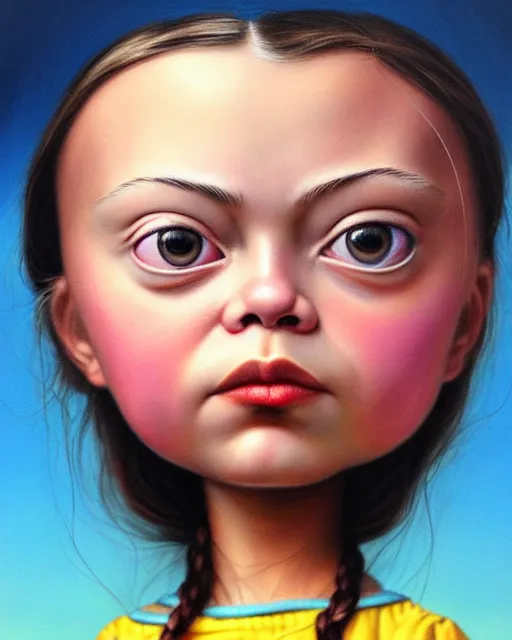 Image similar to closeup face profile portrait of a tin toy greta thunberg as a bikini girl, hyper realistic, artstation, illustration, nicoletta ceccoli, mark ryden, lostfish, max fleischer, digital paint, matte paint, vivid colors, dark, sinister, detailed and intricate environment