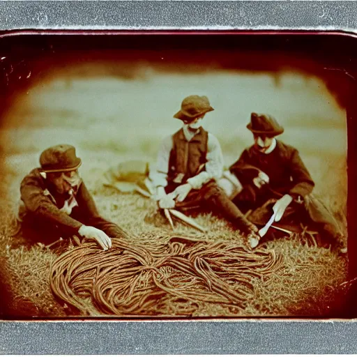 Prompt: eating spaghetti on the battlefield, american civil war, tintype sigma 5 0 mm, cinematic lighting, photography, wes anderson, kodachrome