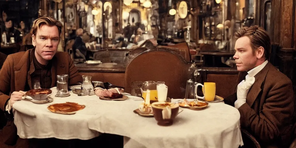 Image similar to ewan mcgregor is sitting at table in a cafe at paris in early 2 0 th century. next to him is a brown cat licking milk from little saucer, atmospheric feeling, warm colours, brown colours, yellow colours, epic scene, cinematic, very detailed