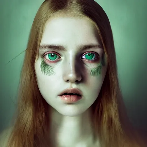 Prompt: a portrait photograph of a female angel by Alessio Albi, beautiful full face, symmetrical face, artstation,deviantart,hyperrealism, green eyes, long red hair,a small nose:1