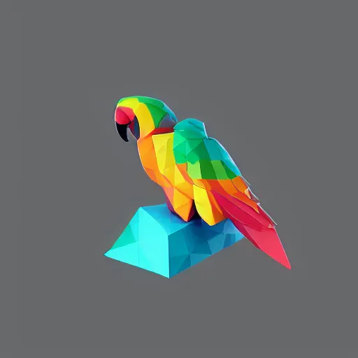 Image similar to isometric vector low poly rainbow parrot icon, black background, cgsociety, volumetric lighting, artstationhq