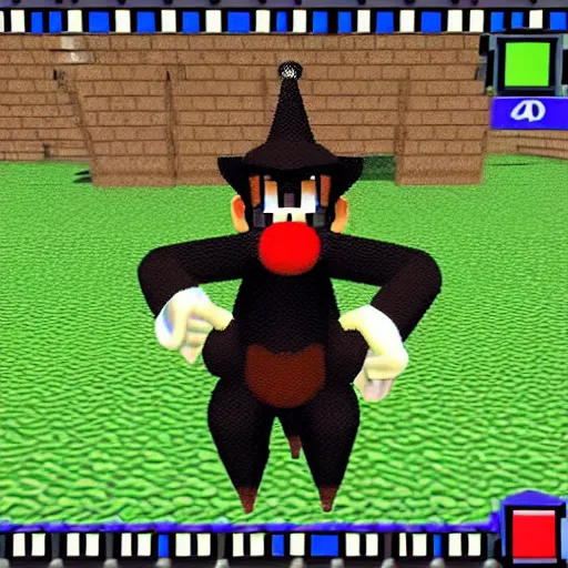 Image similar to an anthropomorphic black goat wizard in super mario 6 4, screenshot