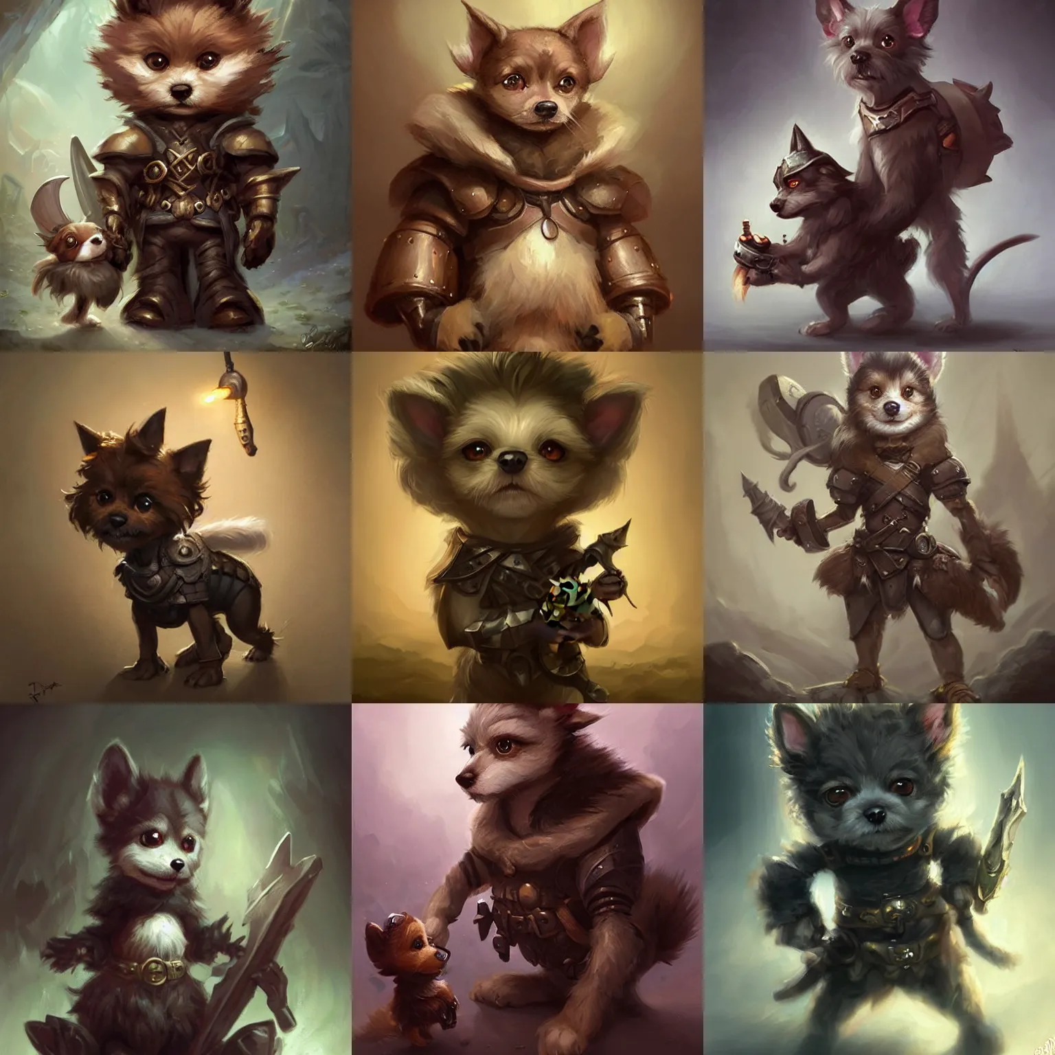 Prompt: cute little anthropomorphic furry dog, tiny, small, miniature dog, baby dog, short, wearing pale black armor, cute and adorable, pretty, beautiful, DnD character art portrait, matte fantasy painting, DeviantArt Artstation, by Jason Felix by Steve Argyle by Tyler Jacobson by Peter Mohrbacher, cinematic lighting
