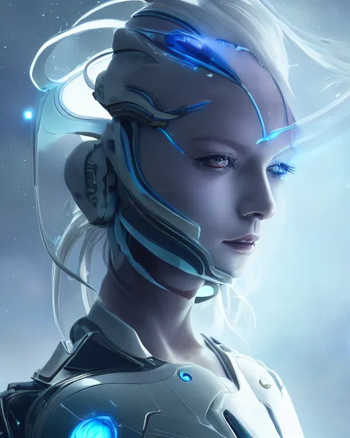 Image similar to perfect android girl on a mothership, warframe armor, beautiful face, scifi, futuristic, galaxy, nebula, raytracing, dreamy, long white hair, blue cyborg eyes, sharp focus, cinematic lighting, highly detailed, artstation, divine, by gauthier leblanc, kazuya takahashi, huifeng huang