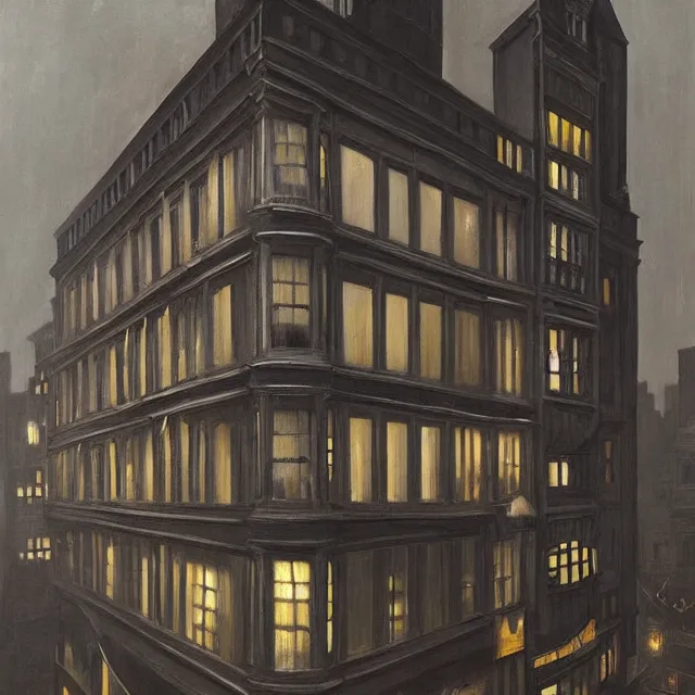 Image similar to ultra - realistic painting gothic 1 9 2 0 s 1 0 - storey hotel in downtown boston overlooking a dark street, atmospheric lighting, gloomy, foreboding