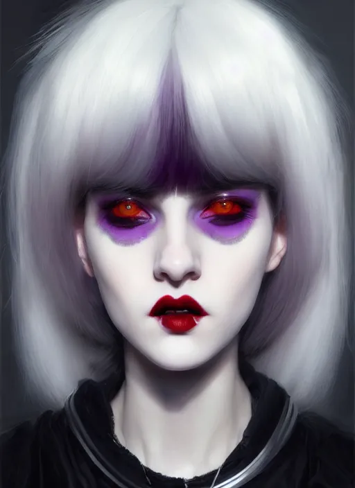 Image similar to portrait of white teenage girl, normal face, white bangs, mall goth, cyberlox, black and white hair, bangs, fluffy bangs, red contact lenses, purple lipstick, intricate, elegant, highly detailed, digital painting, artstation, concept art, sharp focus, smooth, illustration, art by wlop, mars ravelo and greg rutkowski