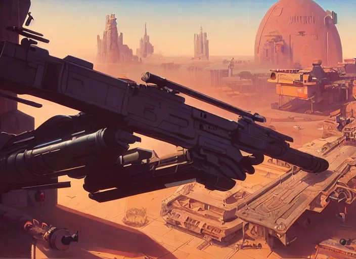 Prompt: futuristic gun on while background, hyperrealism, no blur, 4 k resolution, ultra detailed, style of style of robert mccall, syd mead, tyler edlin, wes anderson, greg rutkowski