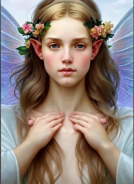 Image similar to perfectly feminine face!! full body portrait of young elf fairy blessed by nature with ever - increasing physical mental perfection, blonde, symmetrical! intricate, sensual features, highly detailed, biblical divine holy perfection!! digital painting, artstation, concept art, smooth, sharp focus, illustration, art by artgerm and greg rutkowski and alphonse mucha