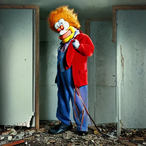 Image similar to UHD photo of Krusty The Clown in an abandoned building, by Annie leibowitz, photorealisitc ,detailed