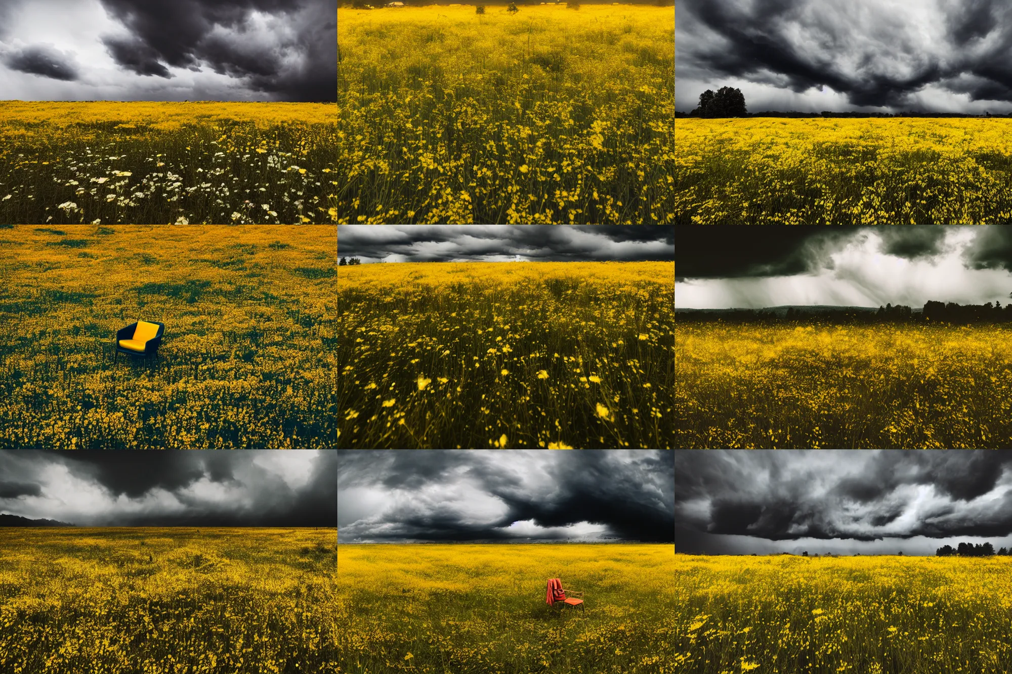 Prompt: 50mm DSLR photograph of a very moody flower meadow with moody storm clouds yellow boutique chair in the center, photography, panoramic view, Hyperdetailed, photorealistic, Unsplash