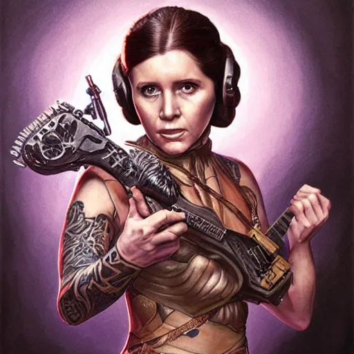 Prompt: princess Leia as a slayer guitar player, heavy tattoos, artstation, intricate, elegant, highly detailed, centered, digital painting, concept art, smooth, sharp focus, illustration, art by artgerm and donato giancola and Joseph Christian Leyendecker, Ross Tran, WLOP