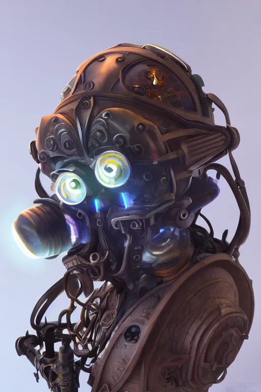 Image similar to steampunk mask minimalist fantasy art robot ninja helmet, global illumination ray tracing hdr fanart arstation by sung choi and eric pfeiffer and gabriel garza and casper konefal radiating a glowing aura