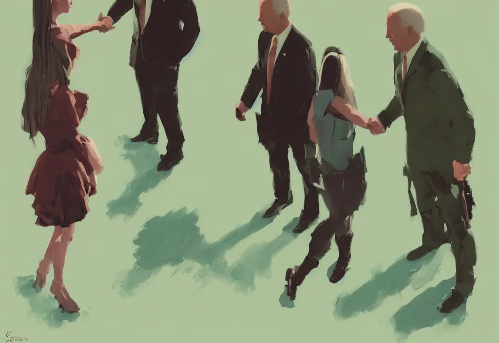 Image similar to joe biden and anya taylor - joy shaking hands, by atey ghailan, by greg rutkowski, by greg tocchini, by james gilleard, by joe gb fenton, dynamic lighting, gradient light green, brown, blonde cream, salad and white colors in scheme, grunge aesthetic