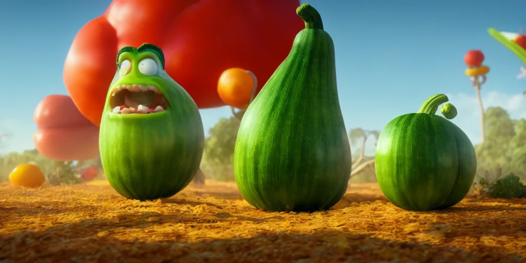 Image similar to detailed 3 d render of a zucchini character hunting after a tomato character, high speed chase, dramatic scene, hyper realistic octane render, cinematic lighting, deviantart, pop - surrealism, lowbrow, frame from pixar movie