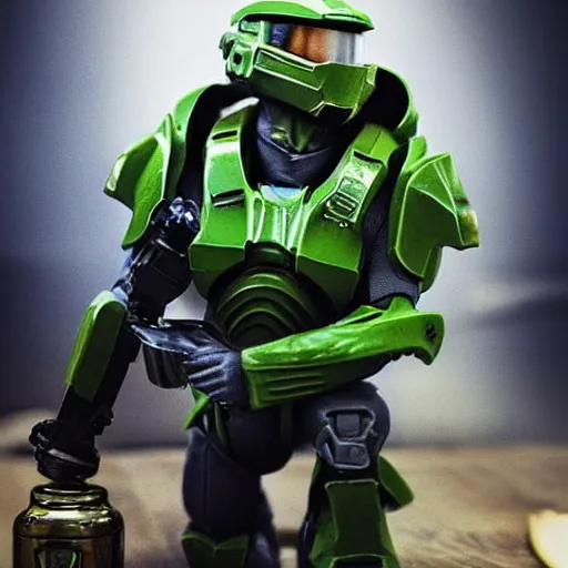 Image similar to “ master chief from the game hall smoking a bong filled with weed and blowing out smoke. ”