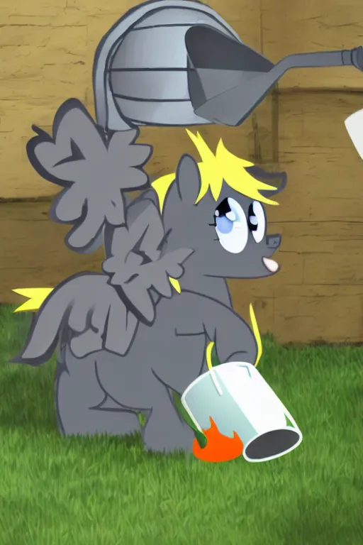 Image similar to Derpy Hooves is dousing a server fire using a watering can