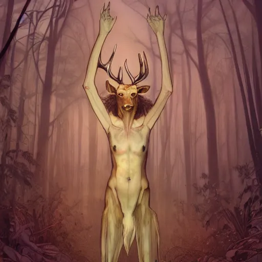 Prompt: anthropomorphic humanoid deer monster in a dark moonlit forest, horror, highly detailed, tall humanoid, human-like, whole body, by Alphonse Mucha, trending on artstation, 4k