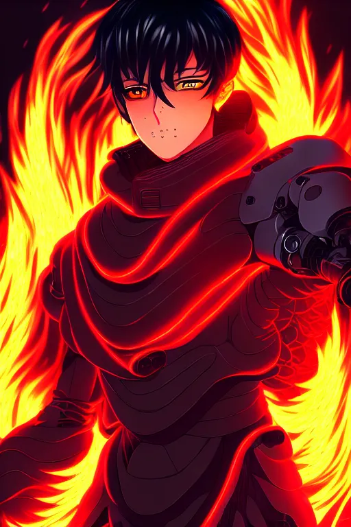 Image similar to a detailed manga full body portrait illustration of a dark haired cyborg anime man surrounded by fire, detailed artwork, realism, 4 k resolution, detailed, high quality, sharp focus, hq artwork, insane detail, volumetric lighting, character concept art, fine details, clear subject, central subject