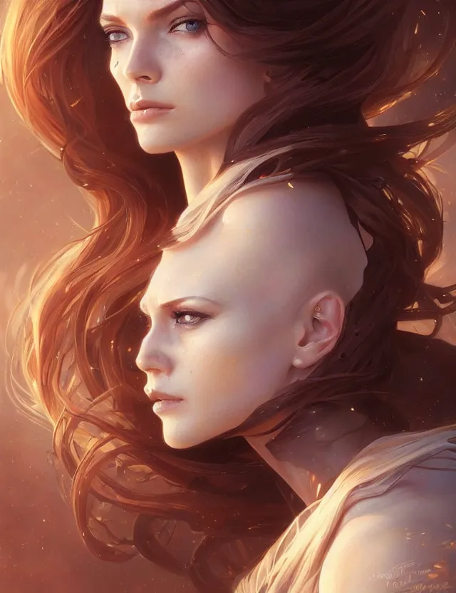 Image similar to futuristic woman portrait, sci-fi, amber eyes, face, long hair, fantasy, intricate, elegant, highly detailed, digital painting, artstation, concept art, smooth, sharp focus, illustration, art by artgerm and greg rutkowski and alphonse mucha