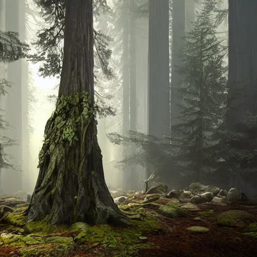 Image similar to gravestone in a redwood forest, sunlit, octane render, matte, greg rutkowski, highly detailed, hdr