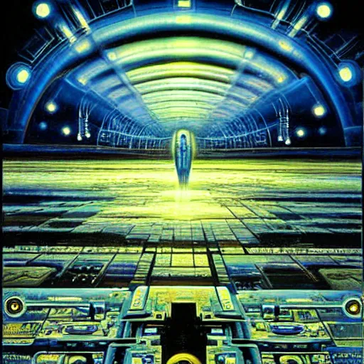 Image similar to The first artificial general intelligence awakens - award-winning digital artwork by Azimov, Dali, John Harris, H. R. Giger, Klimt, and John Berkey. Stunning lighting